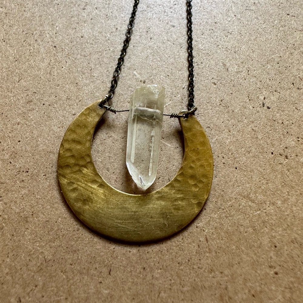 Handmade crescent necklace- hammered brass and quartz
